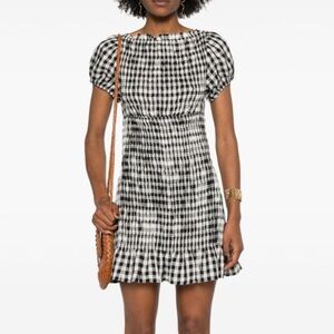 Dôen Black and White Rizzo Gingham Shirred Mini Dress